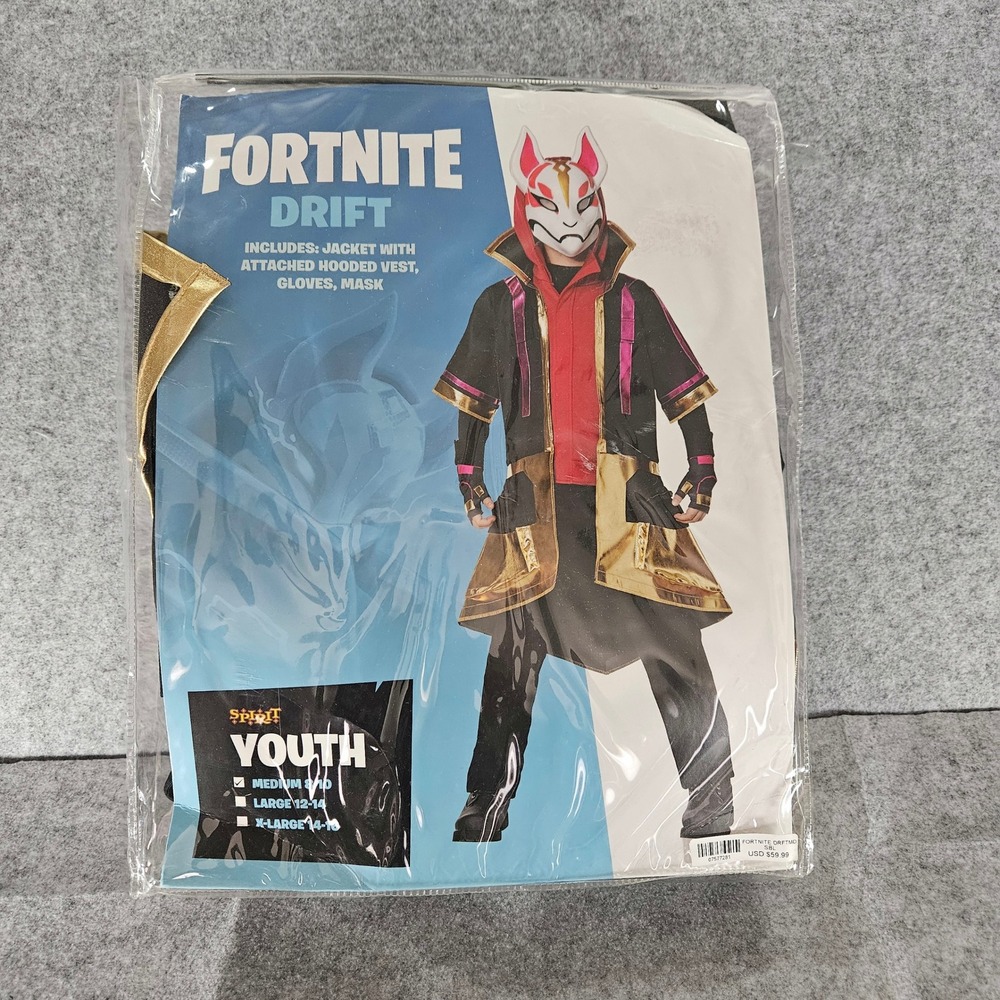 Spirit Halloween Fortnite Drift Costume Youth Medium 8-10 Jacket Mask Gloves NEW
